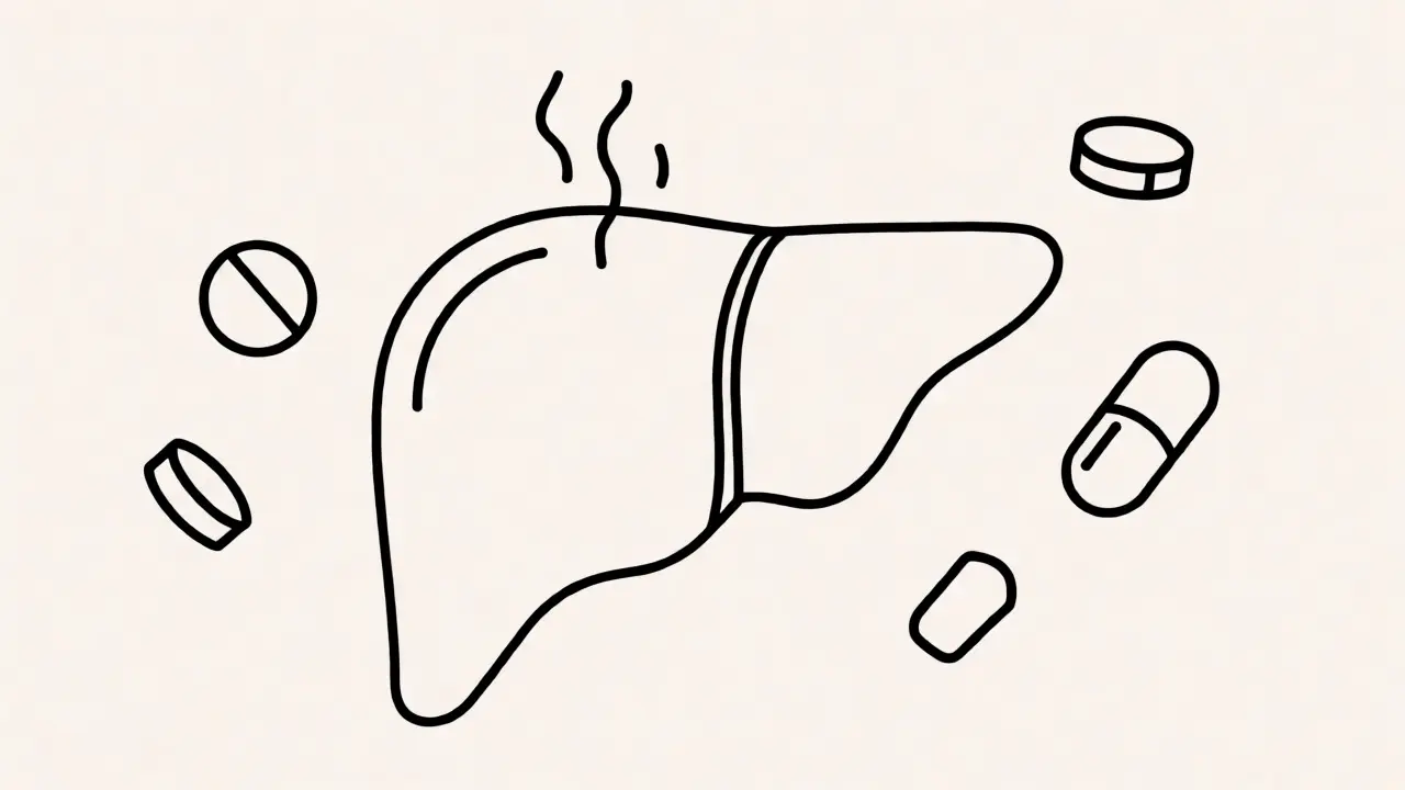 Illustrated liver with smoke wisps surrounded by medication pills
