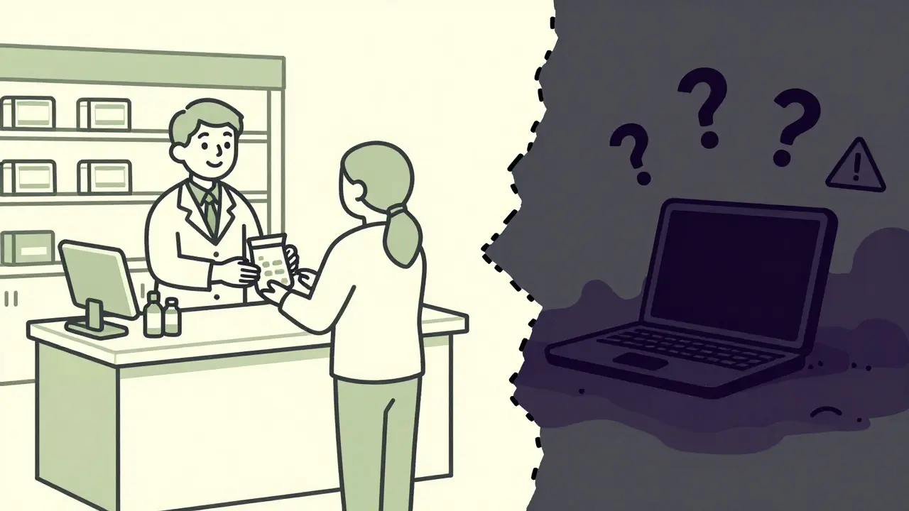 Illustration contrasting a safe pharmacy visit with a risky online purchase using monoline art