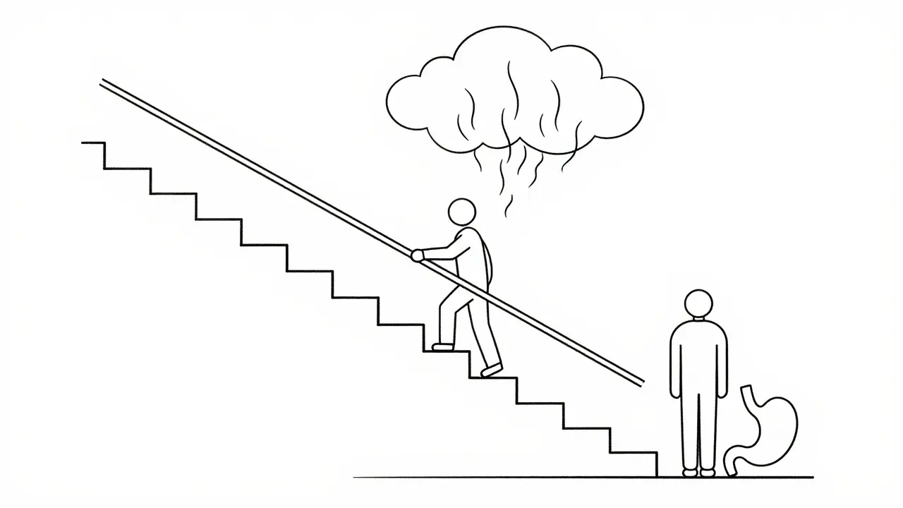 Illustration of a person stepping down a staircase to relieve stomach issues