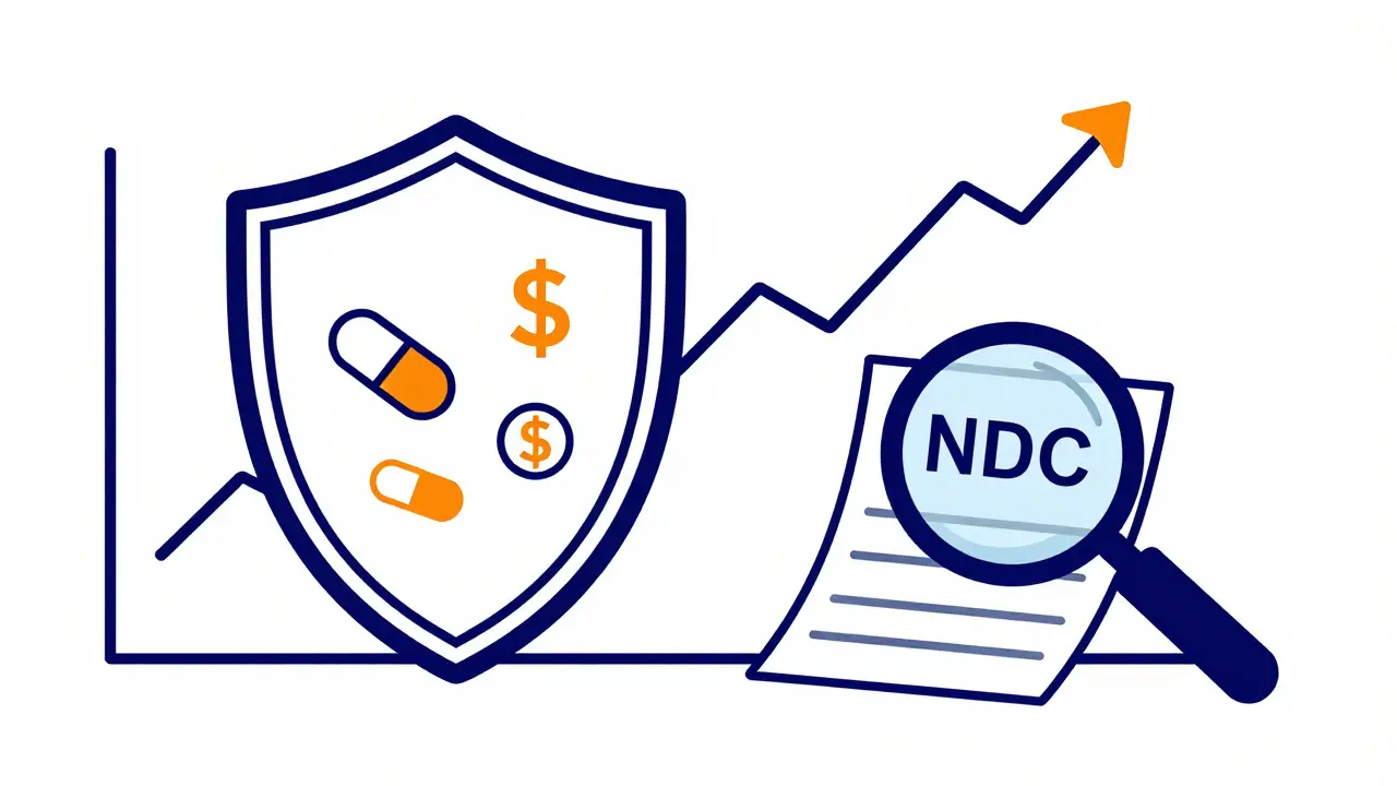 Insurance shield with rising graph and magnifying glass focusing on prescription details