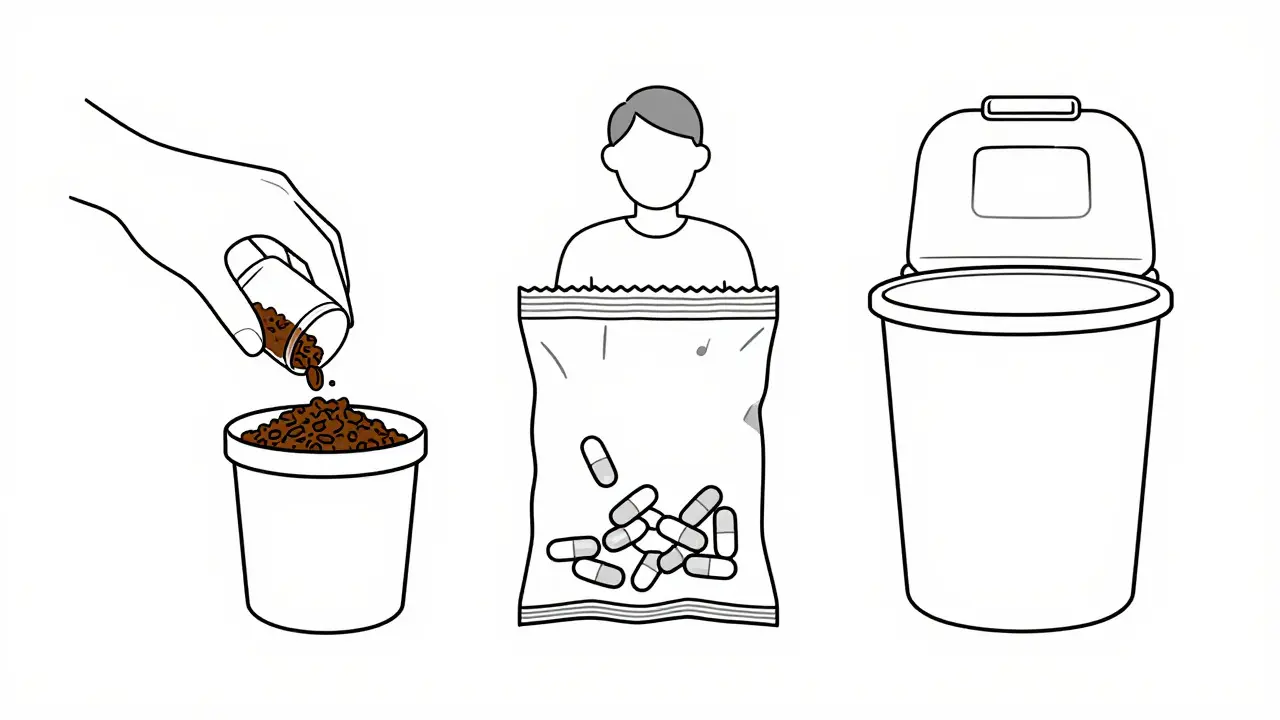 Line art of mixing meds with coffee grounds for disposal