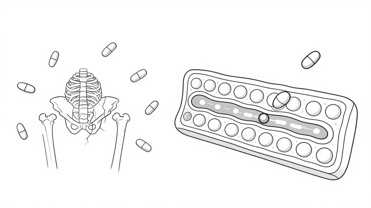 Line art showing cracked bones and a blocked cellular channel