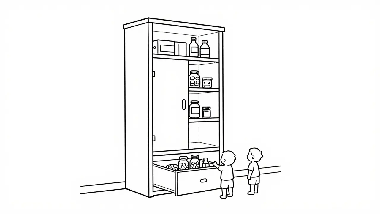 Locked high cabinet storing children's medications safely