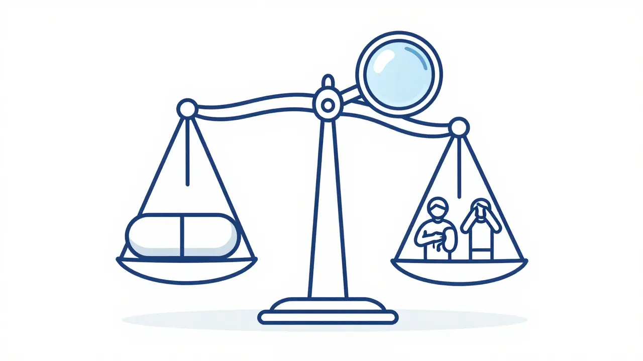 Minimalist line drawing of a balance scale weighing medication against kidney and hearing risks