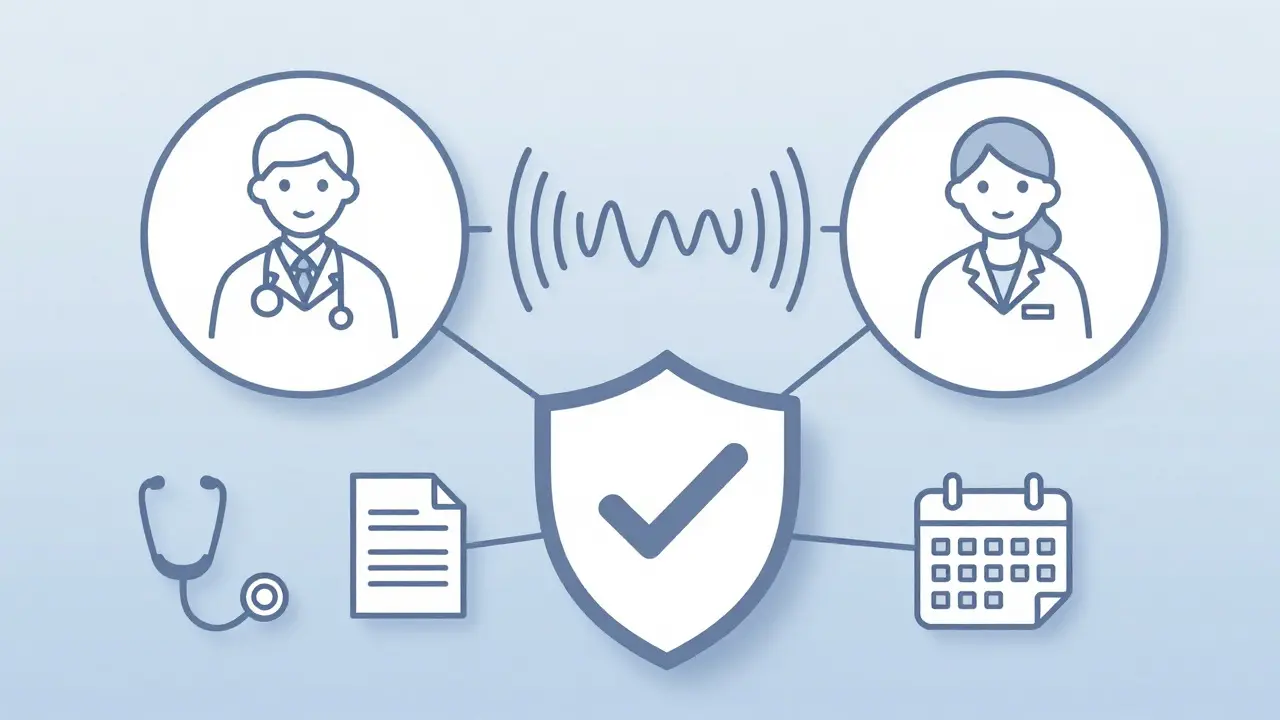 Monoline drawing of a telehealth video call with a doctor and patient surrounded by safety icons