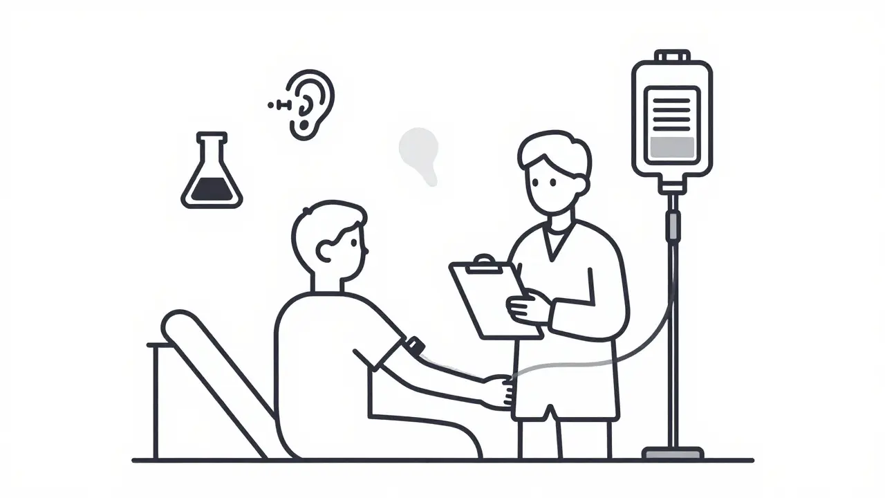 Stylized line art of a doctor and patient monitoring IV therapy with abstract test symbols