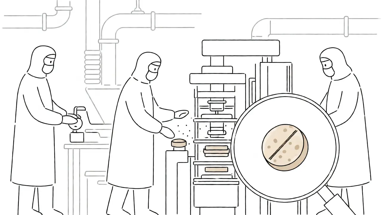 Illustration of a cleanroom where workers shed particles, causing cross-contamination in tablets.