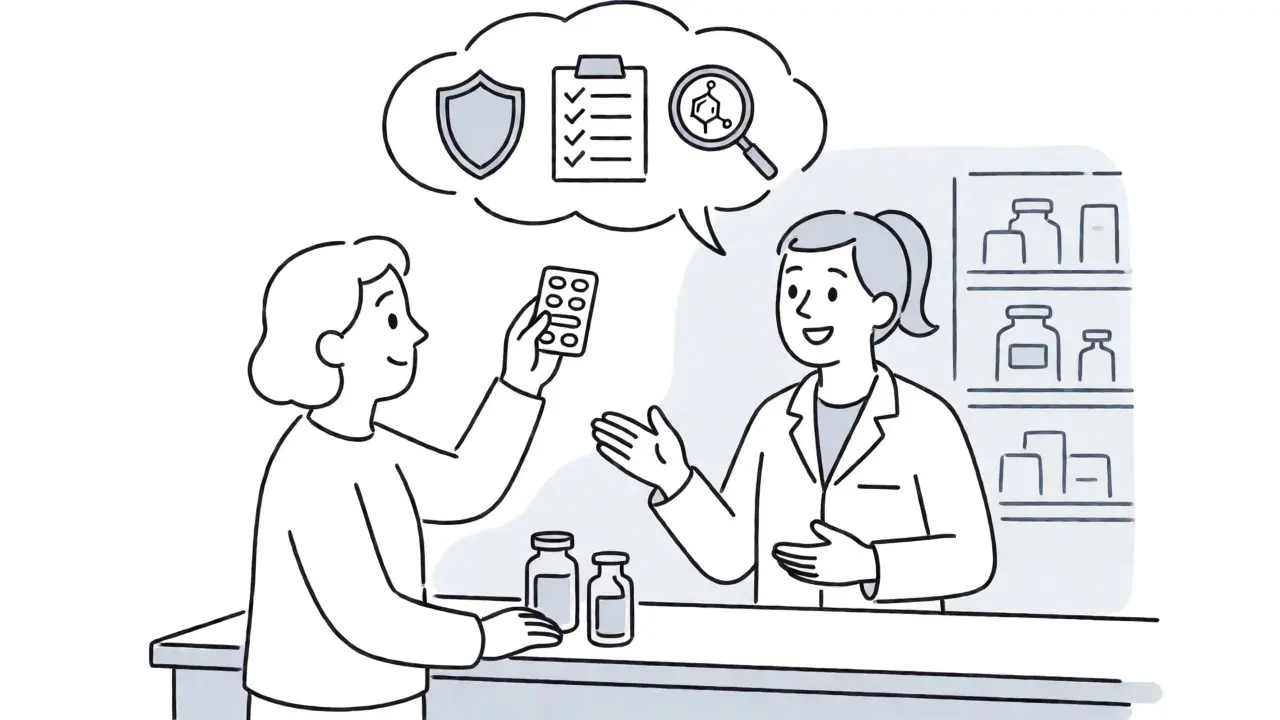 Patient inspecting medication at a pharmacy counter, symbolizing vigilance against contamination.
